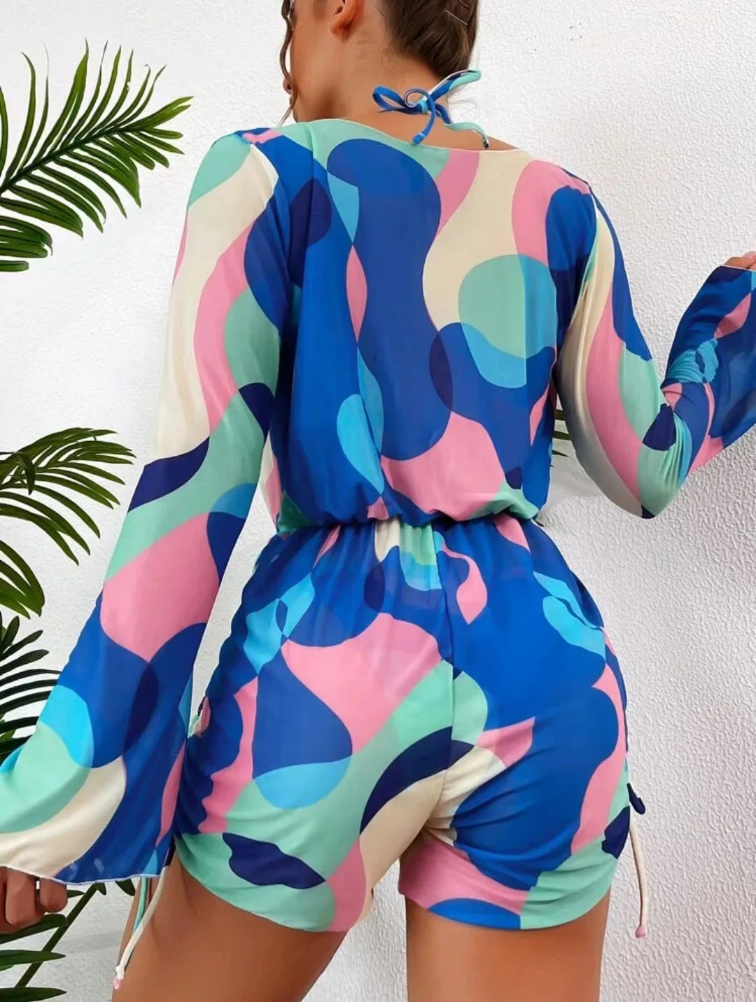 Print 3 Piece Bikini Set with Long Sleeve - Women's Cross Halter Swimwear for Beach