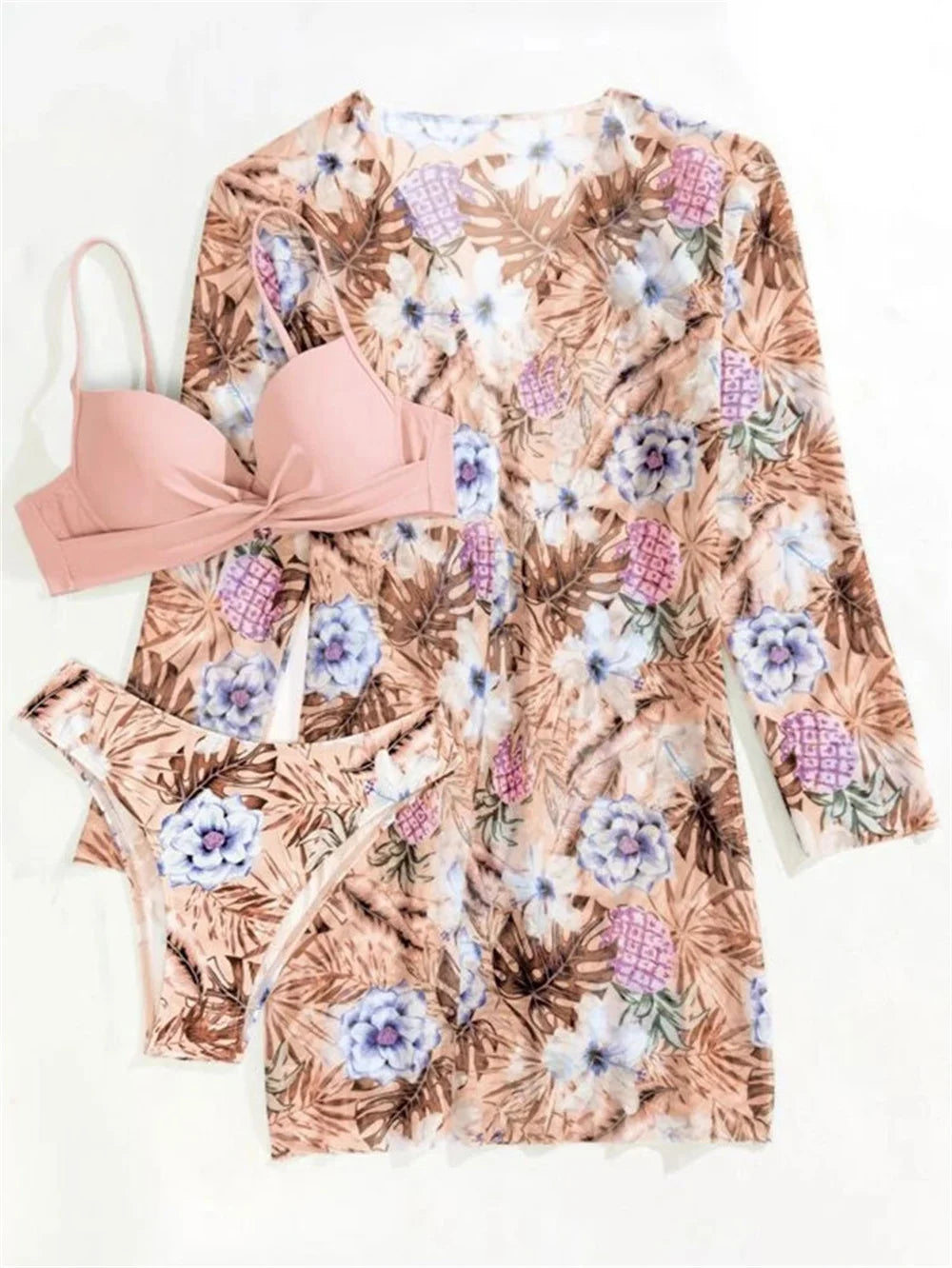 Women's Print 3 Piece Bikini Set - Push Up Twist Swimsuit with Long Sleeve Cover Up