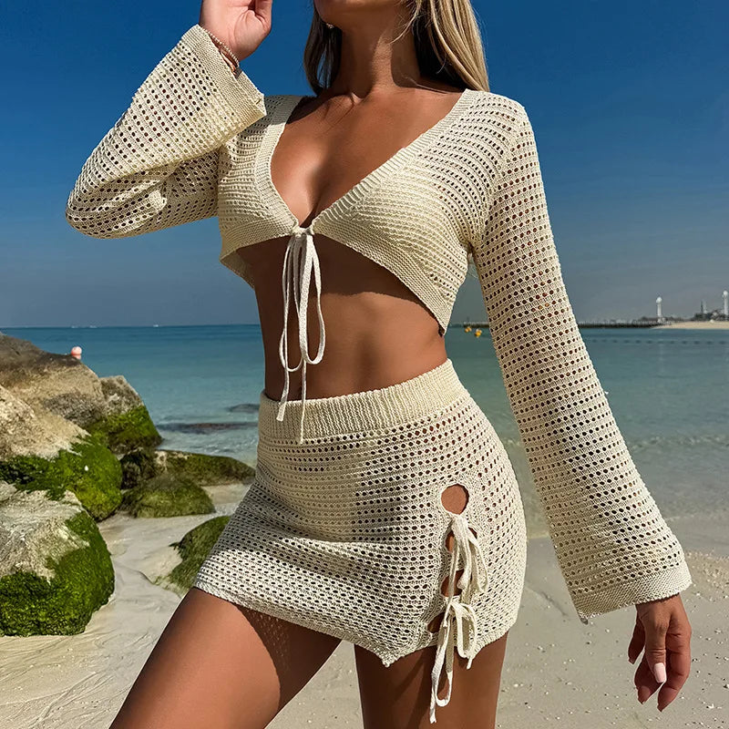 Women's Knit Beach Cover Up Set | Lace-Up Bell Sleeve Top & Half Skirt