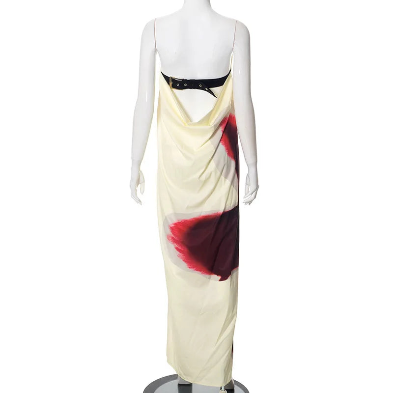 Yellow Floral Maxi Dress - Sexy Strapless & Backless with Belt | Vacation Party Beachwear