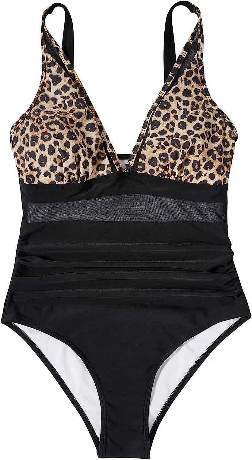 Deep V Neck One Piece Swimsuit - Removable Bra Plain Monokini for Women