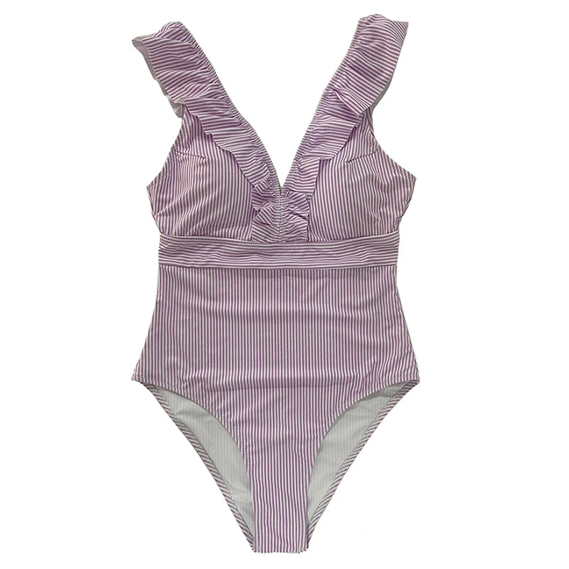Women's Striped Ruffle One Piece Swimsuit | Vintage Print Monokini Beachwear