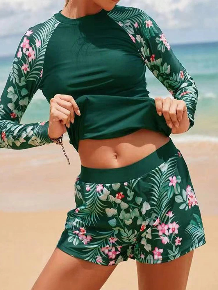 Women's Long Sleeve Tankini Swimwear Set - High Waist Boxer Shorts 2 Piece Beachwear
