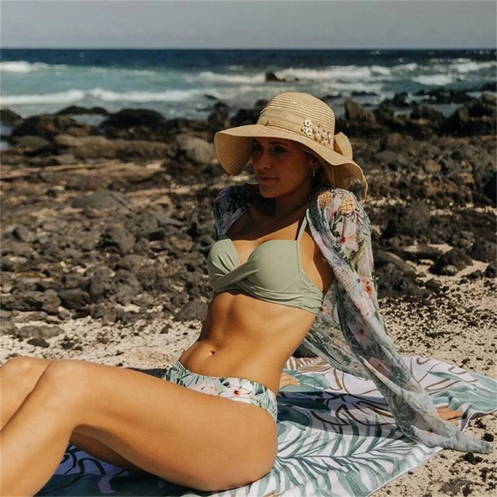 Women's Print 3 Piece Bikini Set - Push Up Twist Swimsuit with Long Sleeve Cover Up