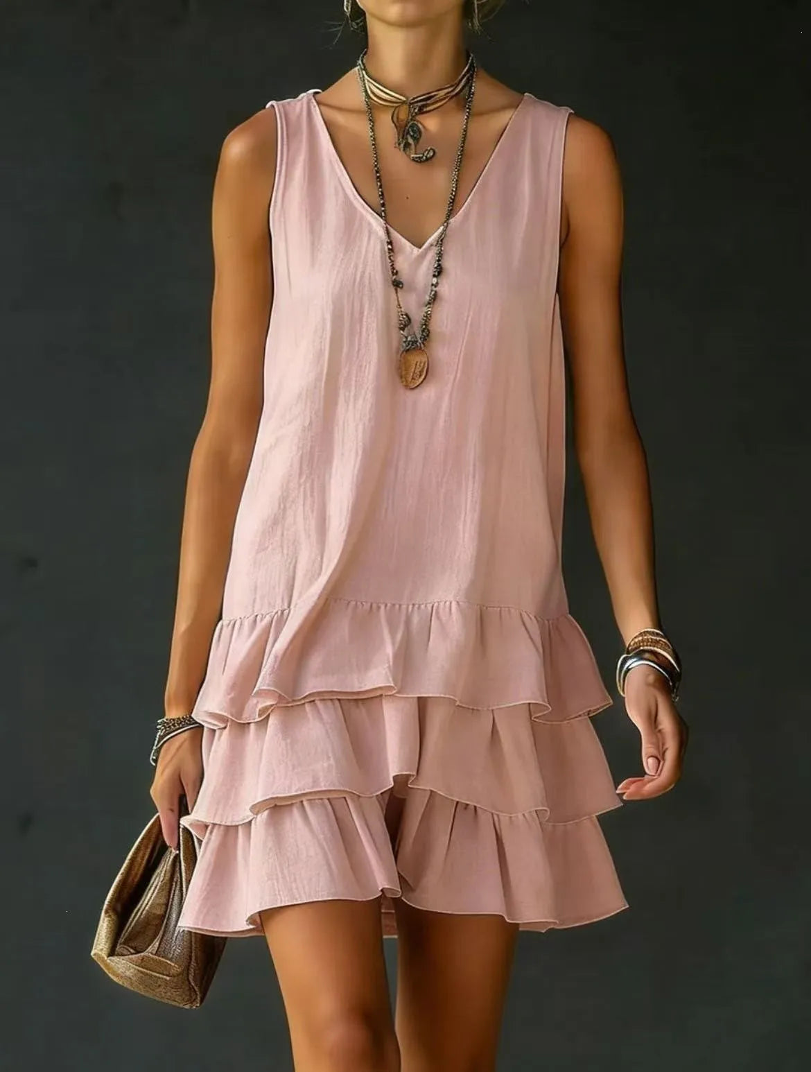 Women's V-Neck Sleeveless Solid Dress | Loose Ruffle Hem Casual Summer Wear