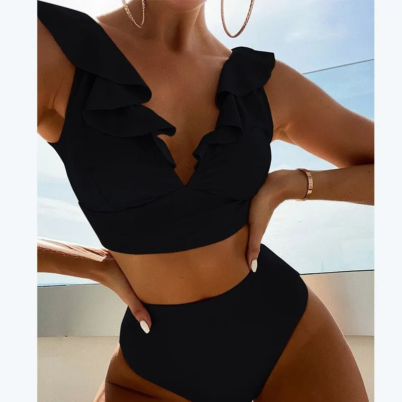 Women's High Waist Ruffle Bikini Set | V-Neck Push Up Two Piece Swimsuit
