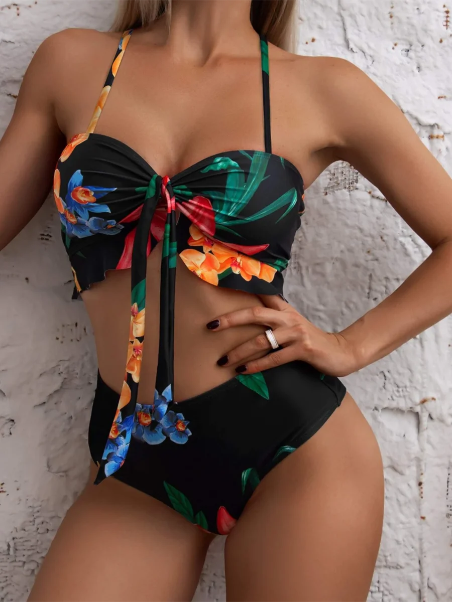 Floral Print 3 Piece Bikini Set - Knot Front Ruffle Swimsuit with High Waist Skirt