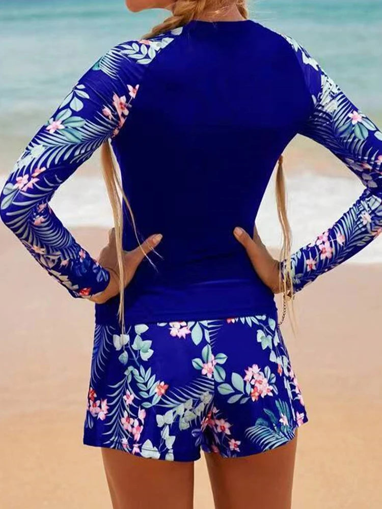 Women's Long Sleeve Tankini Swimwear Set - High Waist Boxer Shorts 2 Piece Beachwear