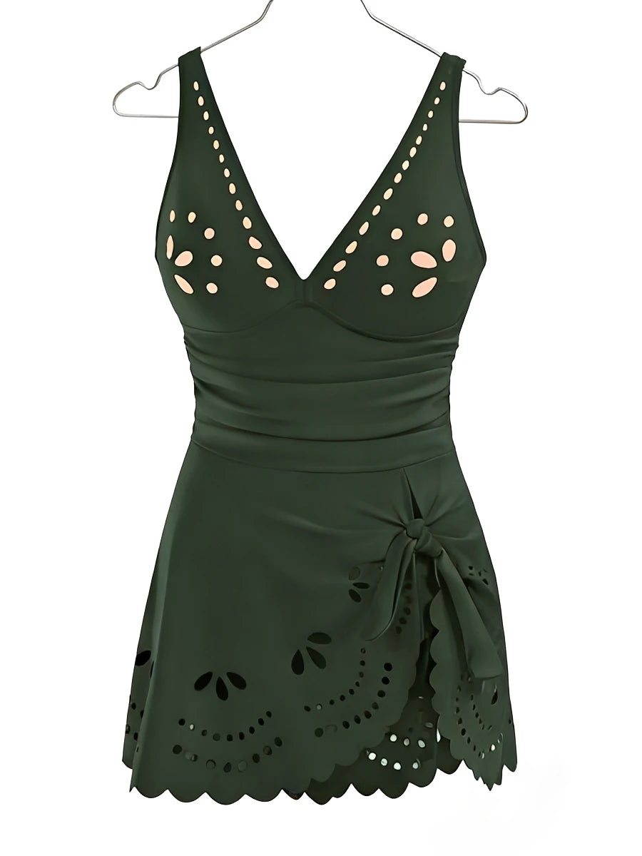 Women's V-Neck Hollow One Piece Swimsuit | Solid Beach Dress Swimwear Up to XXL