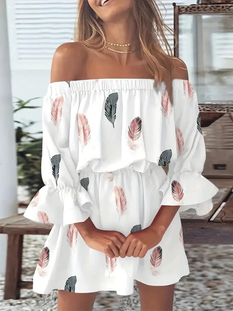 Women's Off Shoulder Ruffle Mini Dress | Puff Sleeves with Floral Print for Summer Beach