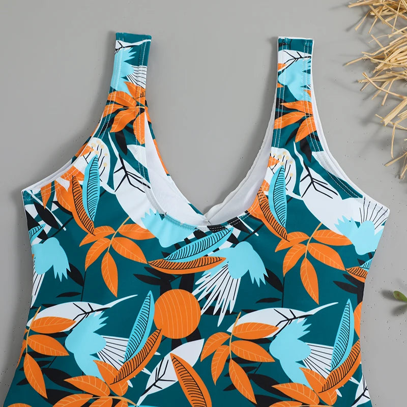 Tropical Print One Piece Swimsuit - Knot Side Belted & Padded Bathing Suit for Women
