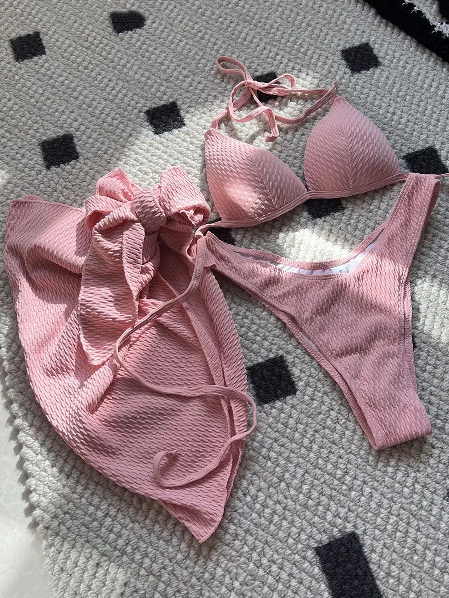 Women's 3-Piece Wrinkled Bikini Set | Push Up Swimwear with Beach Sarong