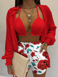 Women's 3-Piece High Waist Bikini Set | Print Swimwear with Shorts Cover Up