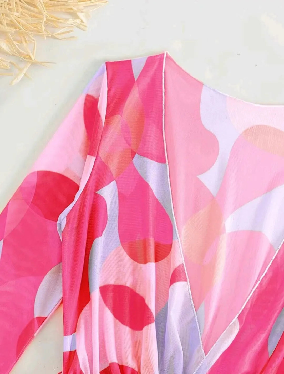 Print 3 Piece Bikini Set with Long Sleeve - Women's Cross Halter Swimwear for Beach