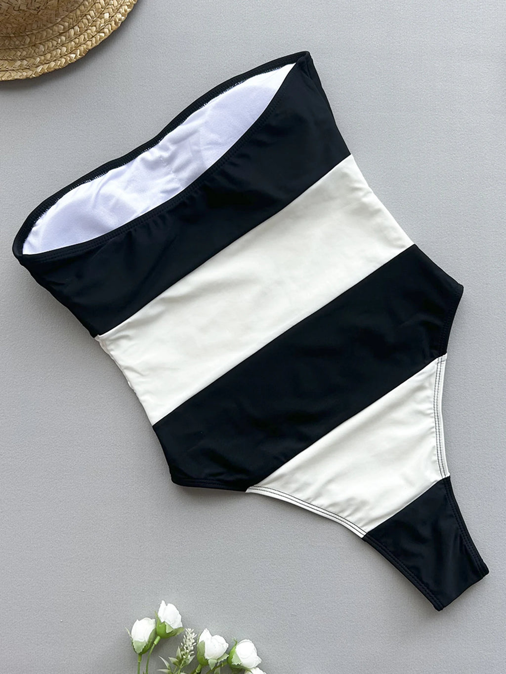 Women's Strapless One Piece Swimsuit | Contrast Color Patchwork Swimwear