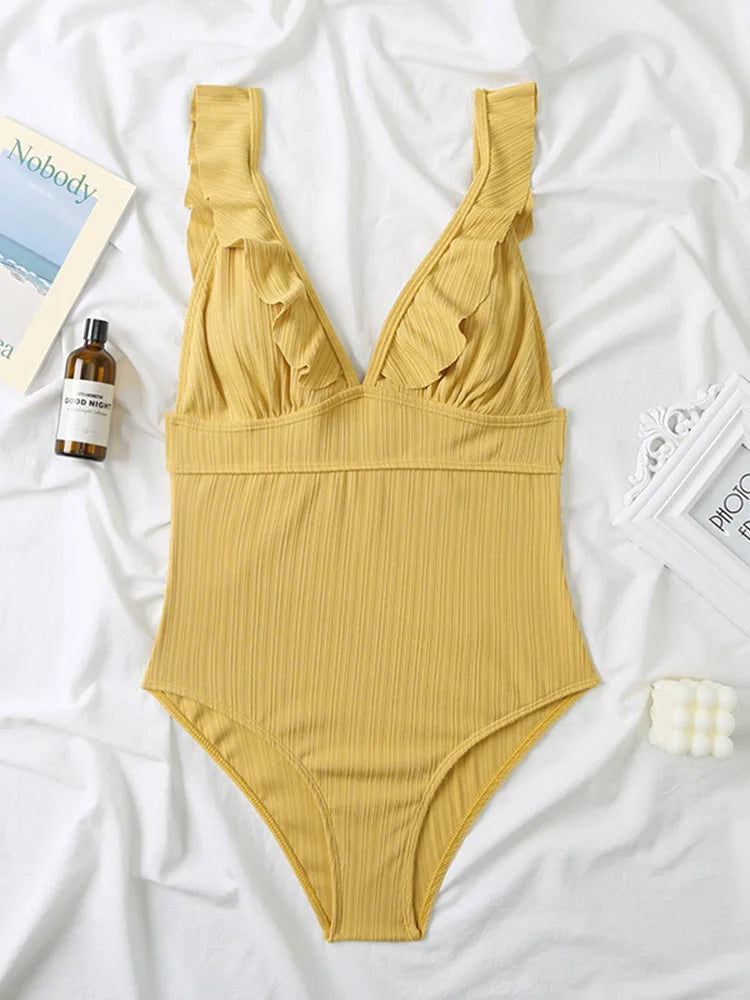 Women's Ruffle One Piece Swimsuit | V-Neck Backless Swimwear with Padded Bra