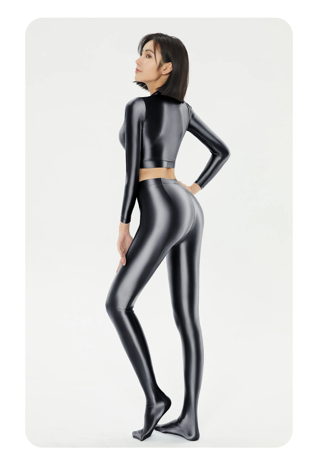 Women's Satin Long Sleeve Swim Top & Tights Set - Exposed Belly Activewear for Beach