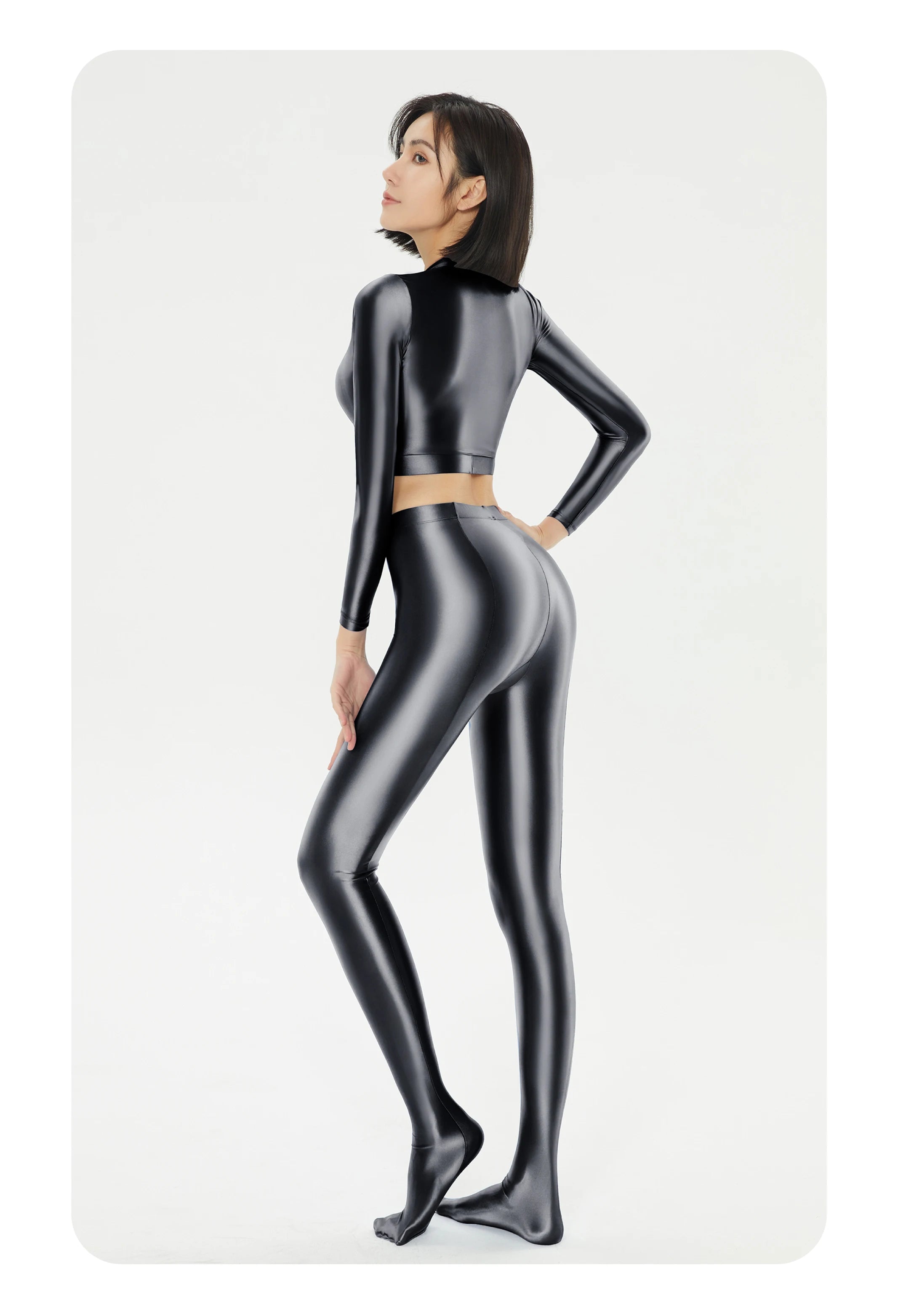 Women's Satin Long Sleeve Swim Top & Tights Set - Exposed Belly Activewear for Beach