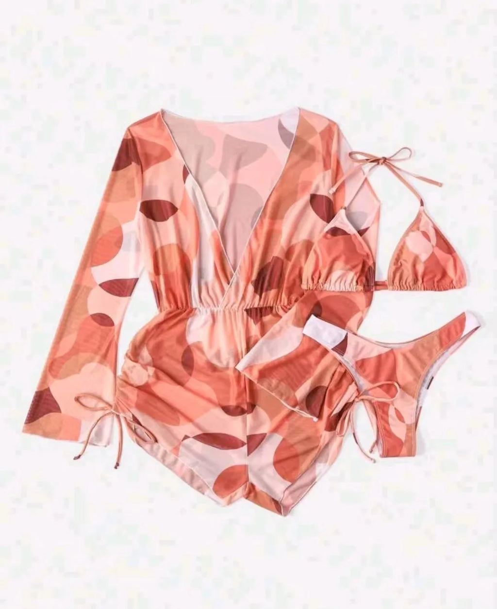 Print 3 Piece Bikini Set with Long Sleeve - Women's Cross Halter Swimwear for Beach