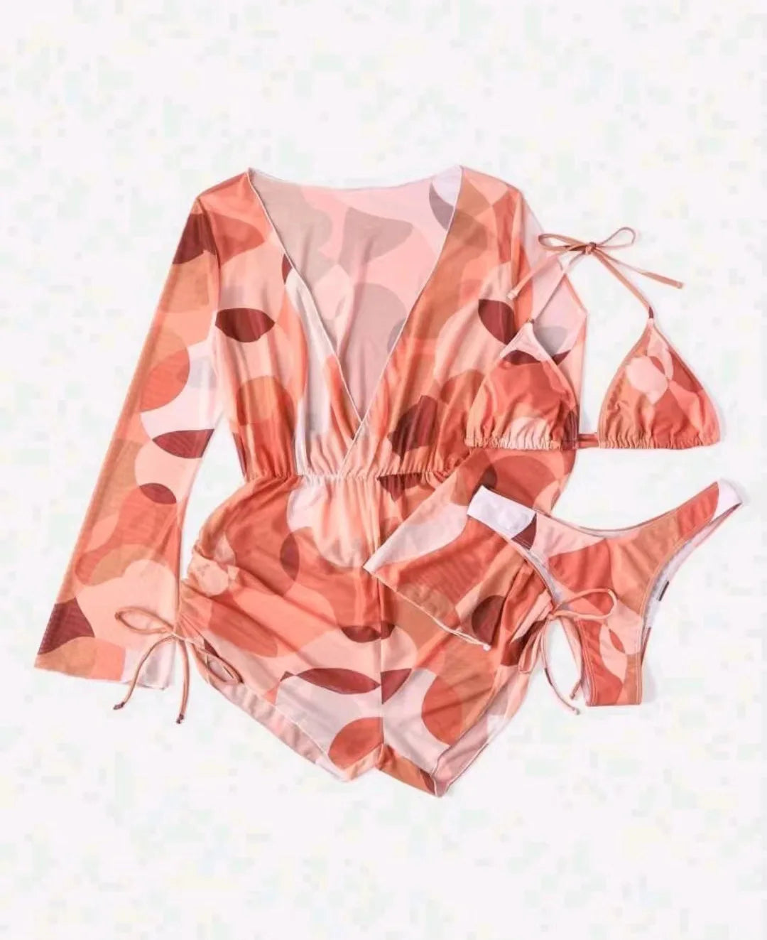 Print 3 Piece Bikini Set with Long Sleeve - Women's Cross Halter Swimwear for Beach