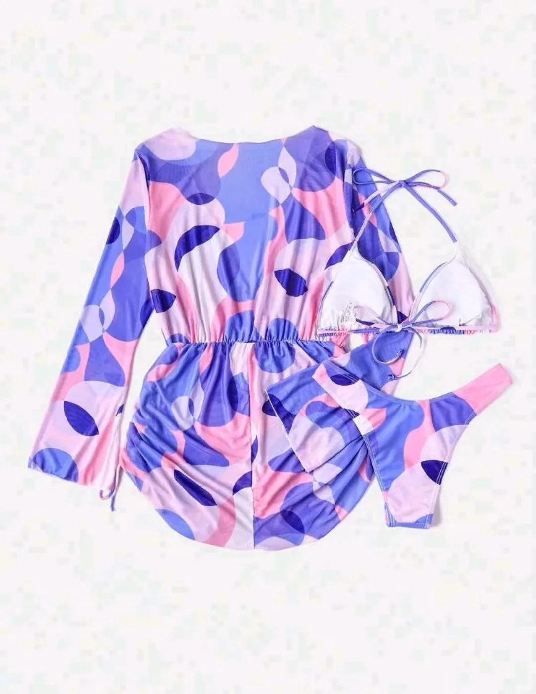 Print 3 Piece Bikini Set with Long Sleeve - Women's Cross Halter Swimwear for Beach