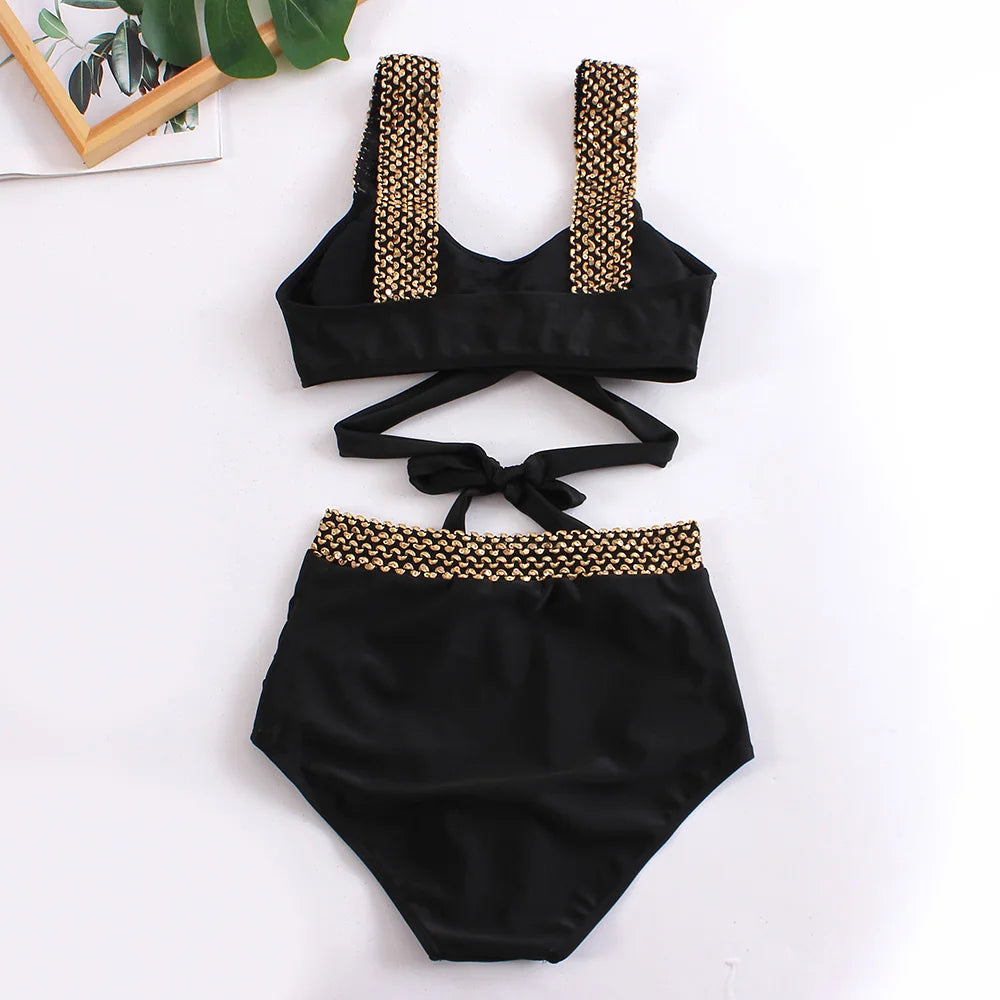 Black Cross High Waist Bikini Set - Solid Swimsuit for Women | 2025 Summer Beachwear