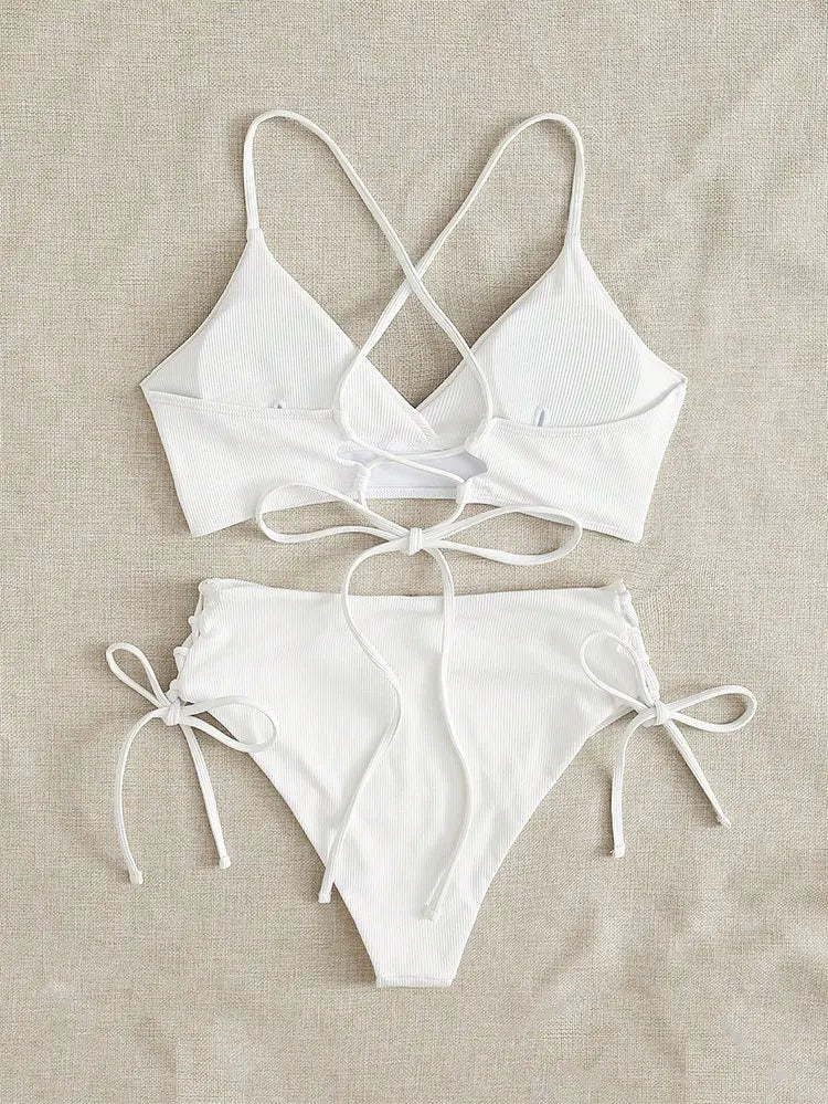 CIKINI Women's V-Neck Lace Up Bikini Set | Solid Color Triangle Swimwear