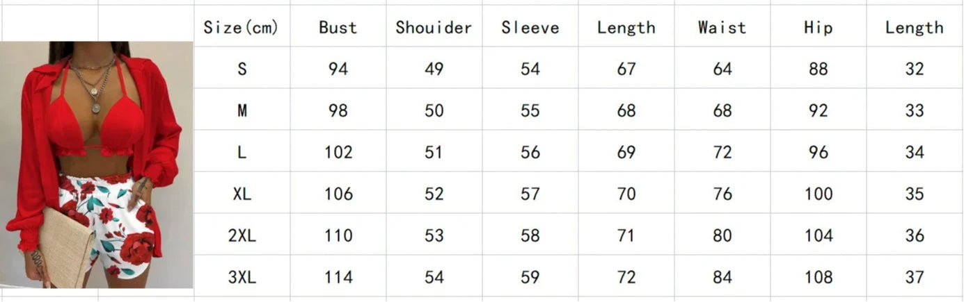 Women's 3-Piece High Waist Bikini Set | Print Swimwear with Shorts Cover Up