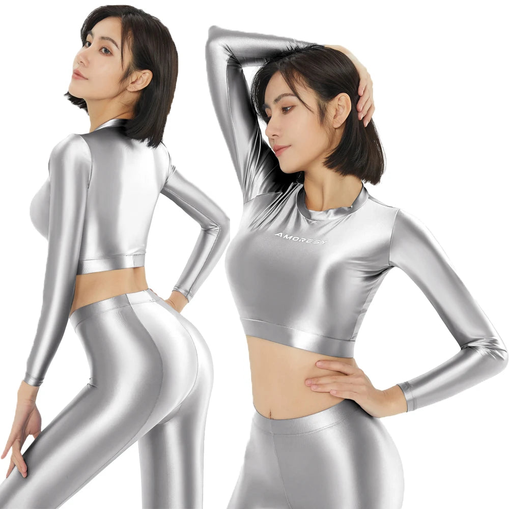 Women's Satin Long Sleeve Swim Top & Tights Set - Exposed Belly Activewear for Beach