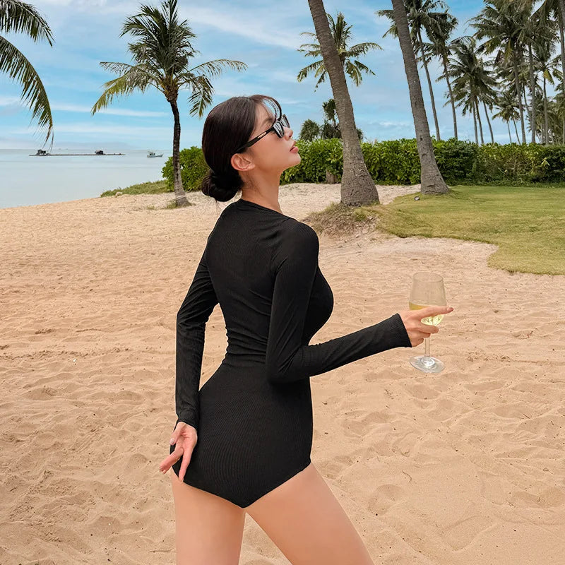Black Tummy Control One Piece Swimsuit - High Cut Solid Color Bathing Suit for Women