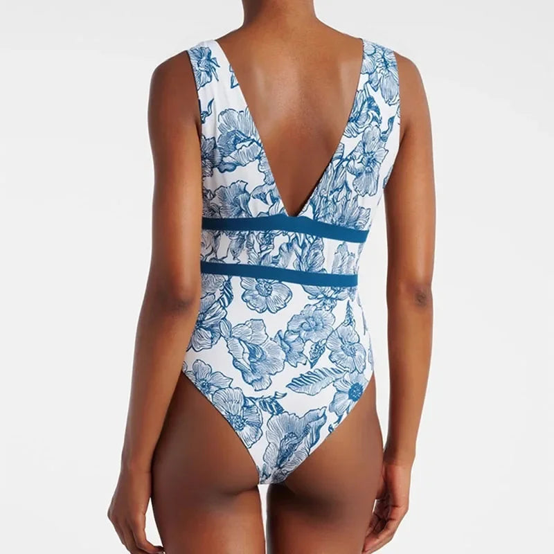 Women's Deep V-Neck One-Piece Swimsuit | Print Beachwear with Slimming Effect