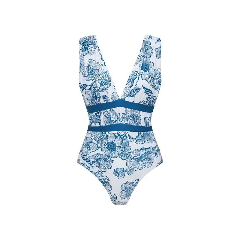 Women's Deep V-Neck One-Piece Swimsuit | Print Beachwear with Slimming Effect