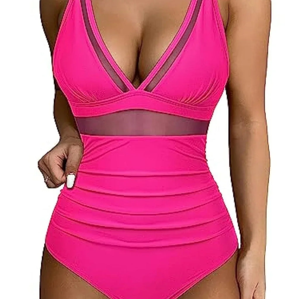 Deep V Neck One Piece Swimsuit - Removable Bra Plain Monokini for Women