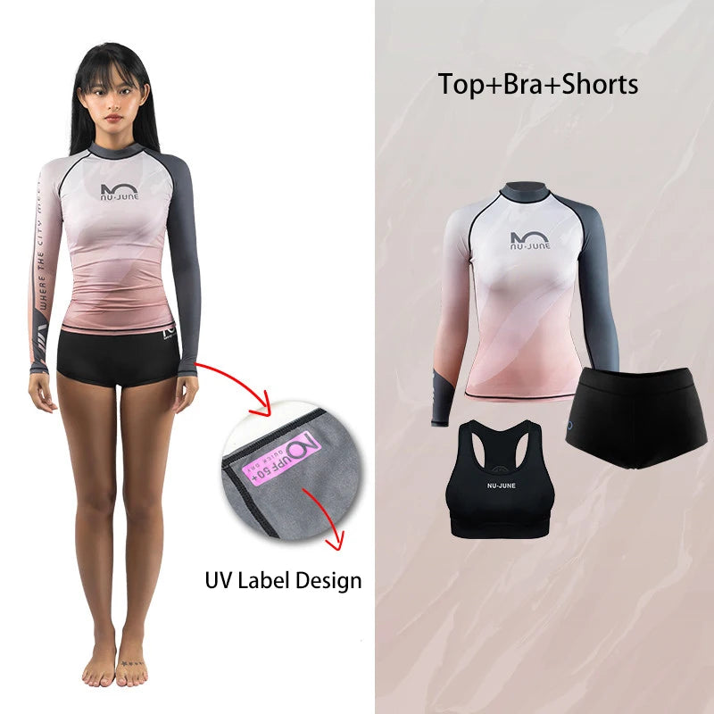 Nu-June Women's Long Sleeve Rash Guard Set | UPF 50+ Push Up Swimsuit with High Waist Bottoms