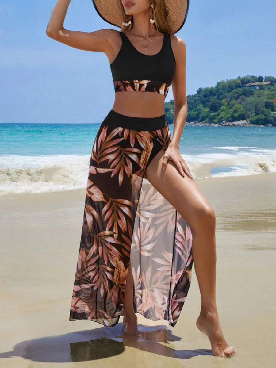 Print 3 Piece Bikini Set with Long Skirt - Women's Vent Swimsuit for Beach & Swimming