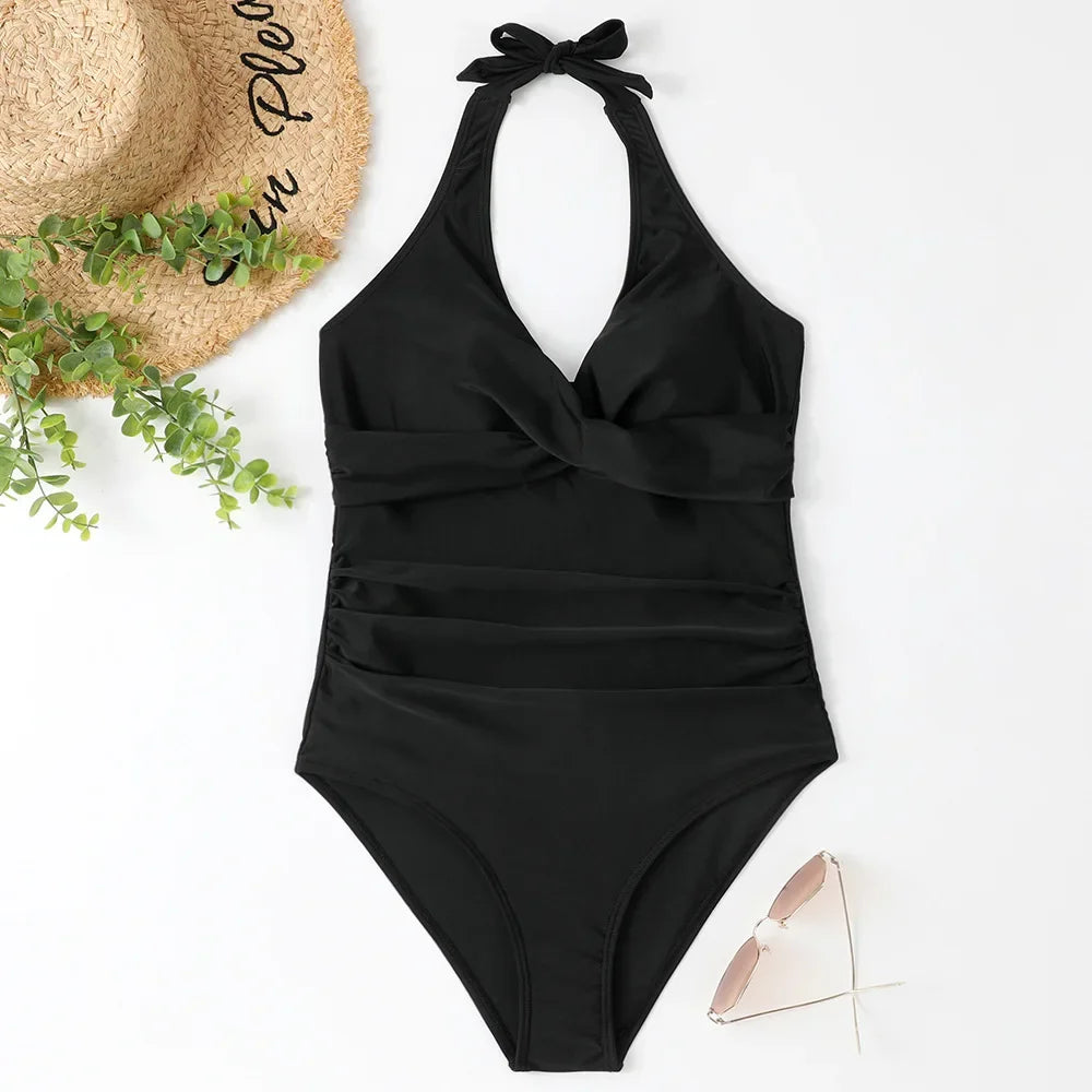 Women's Wrinkled Halter One Piece Swimsuit | V Neck Backless Monokini S-XXL
