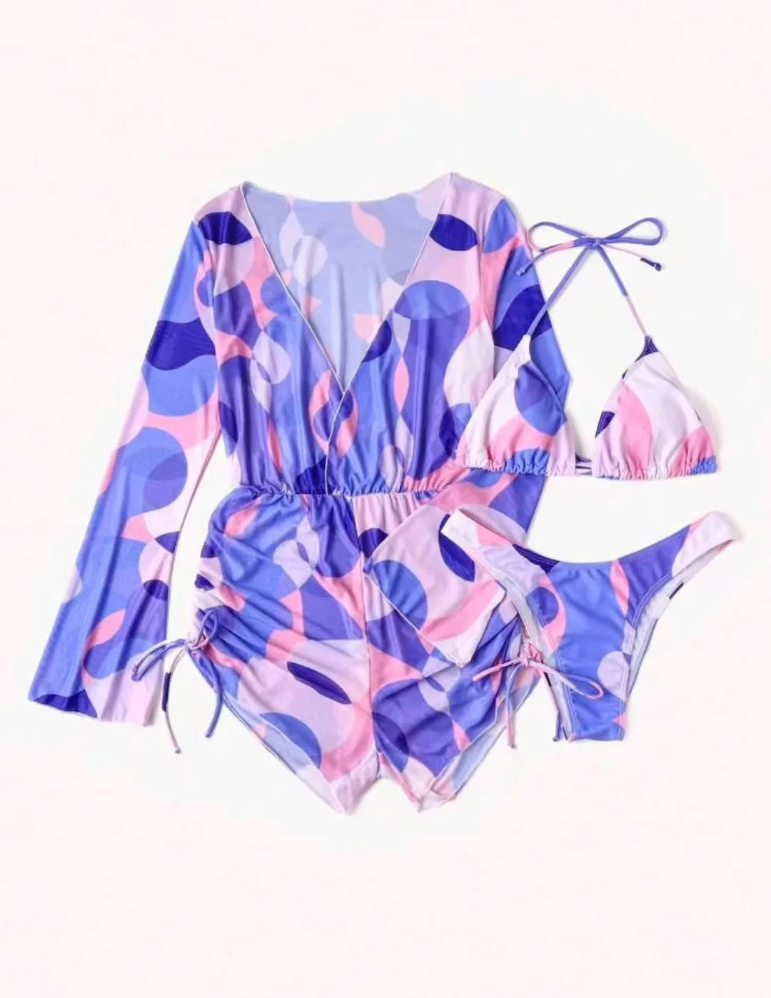 Print 3 Piece Bikini Set with Long Sleeve - Women's Cross Halter Swimwear for Beach