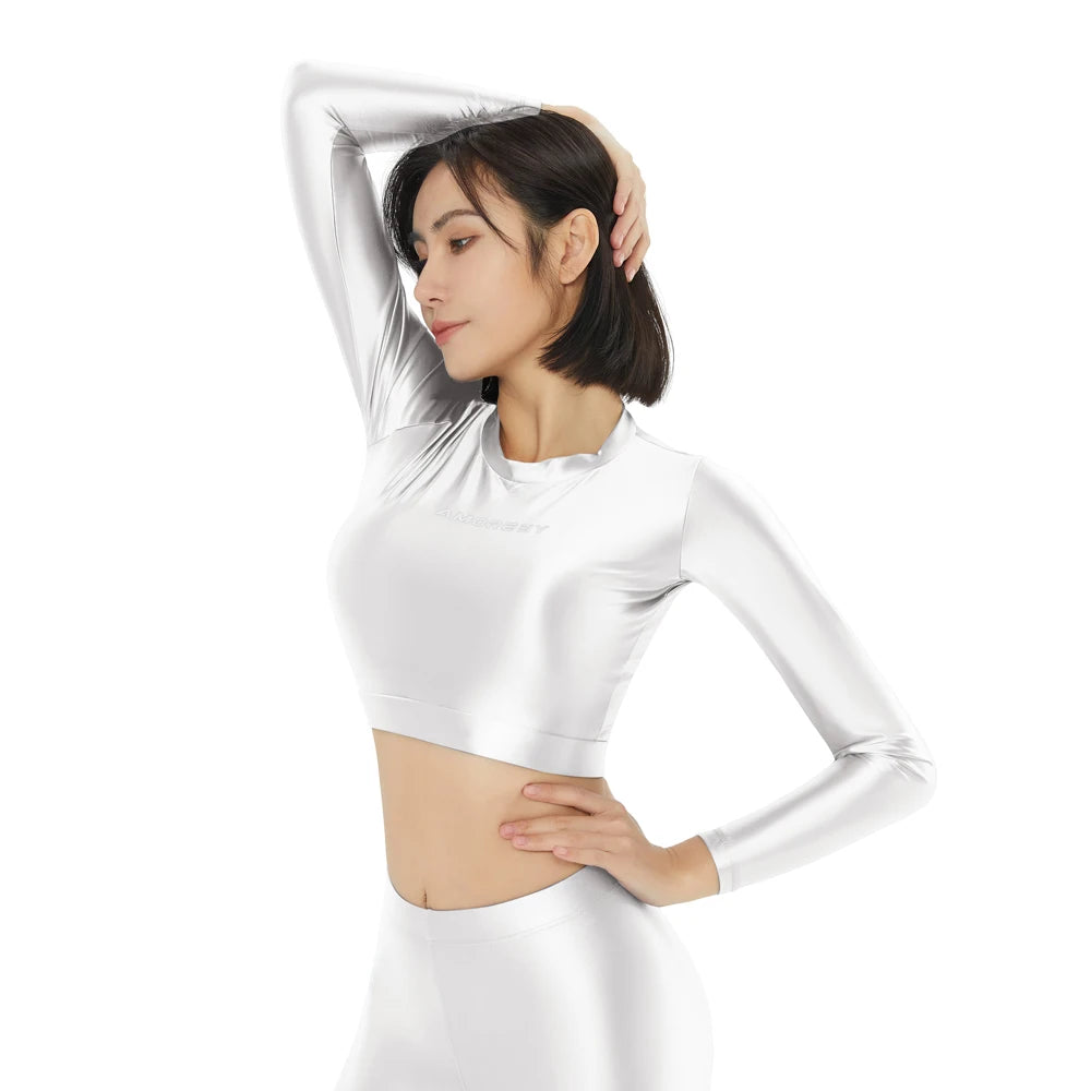 Women's Satin Long Sleeve Swim Top & Tights Set - Exposed Belly Activewear for Beach