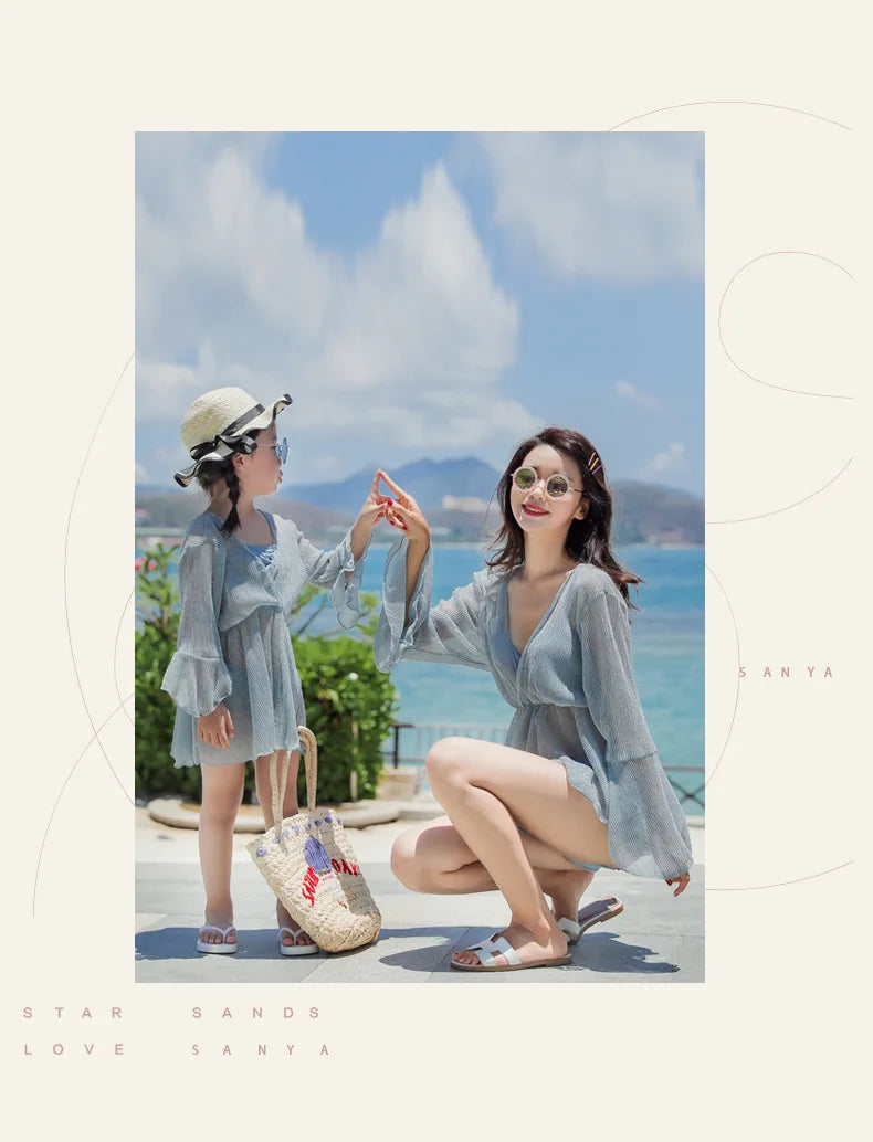 Mother-Daughter Matching Swimsuit Set | Long Sleeve Sun Protection Cover Up & Bikini 3-Piece