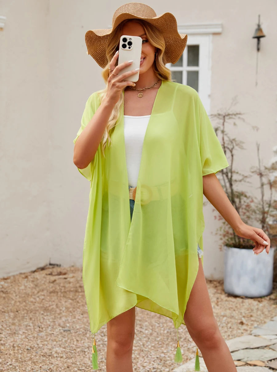 Pure Color Chiffon Beach Cover Up - Women's Sun Protection Long Cardigan Cape