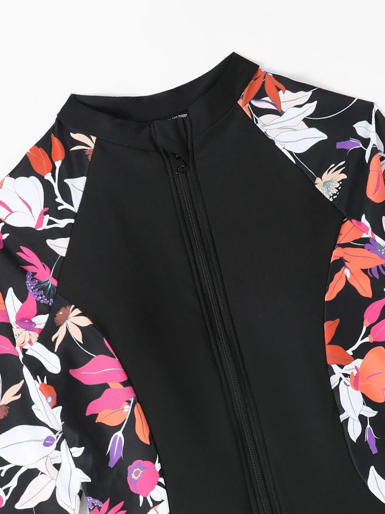 Sexy Solid Print One Piece Swimsuit - Long Sleeve Bodysuit Monokini for Women