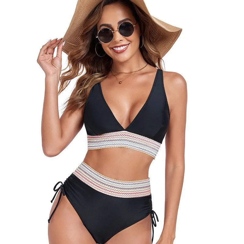 Solid Color Drawstring Bikini Set - High Waist Patchwork Separate Swimwear for Women