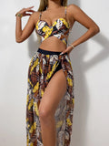Print Cross 3 Piece Bikini with Long Skirt - Women's Vent Swimsuit for Beach