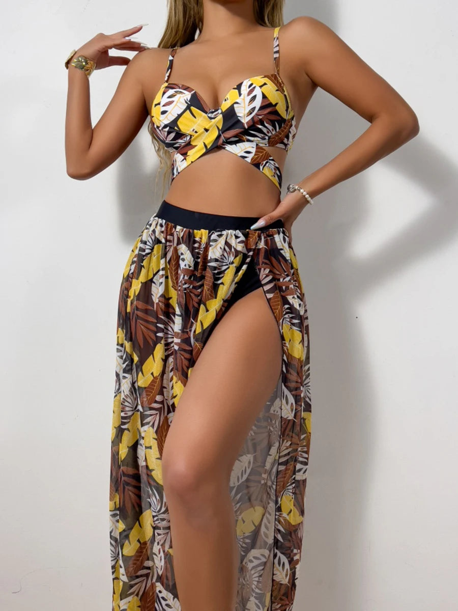 Print Cross 3 Piece Bikini with Long Skirt - Women's Vent Swimsuit for Beach