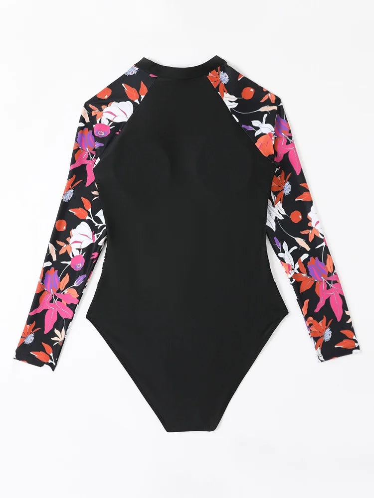 Sexy Solid Print One Piece Swimsuit - Long Sleeve Bodysuit Monokini for Women
