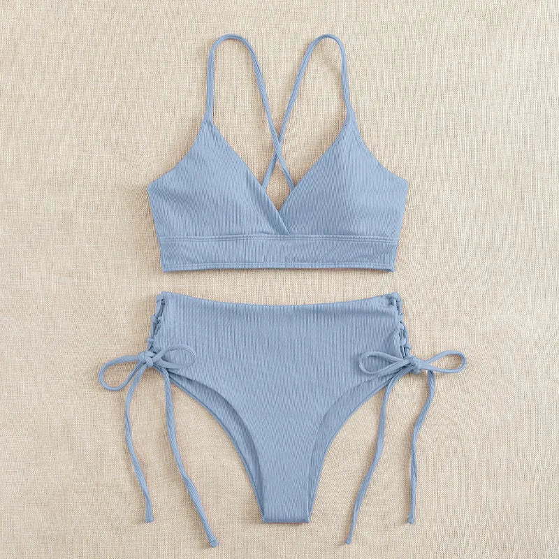 CIKINI Women's V-Neck Lace Up Bikini Set | Solid Color Triangle Swimwear