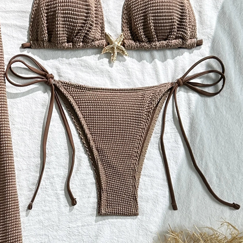 Solid Color 3 Piece Bikini Set with Mesh Skirt - Starfish Swimsuit for Women