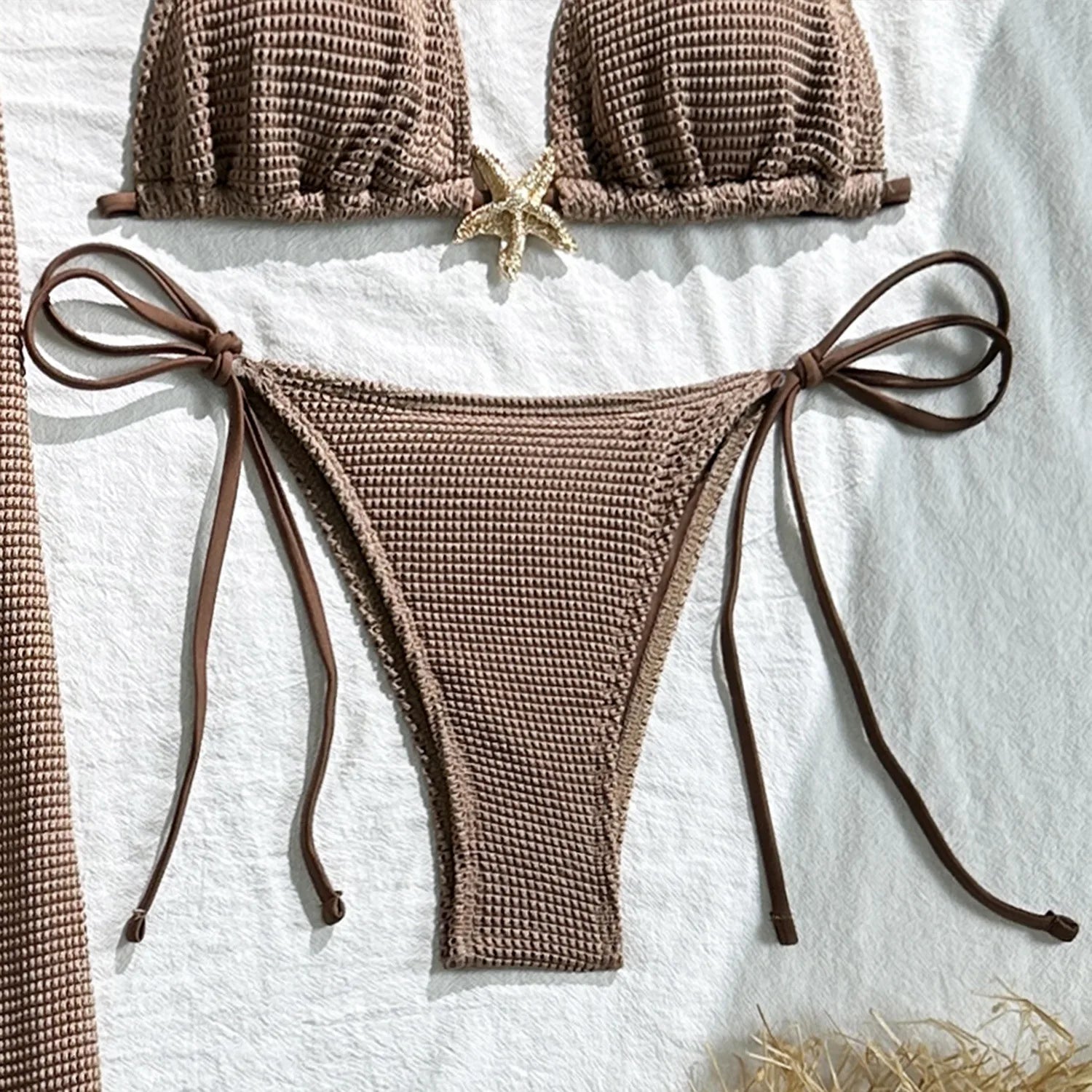 Solid Color 3 Piece Bikini Set with Mesh Skirt - Starfish Swimsuit for Women