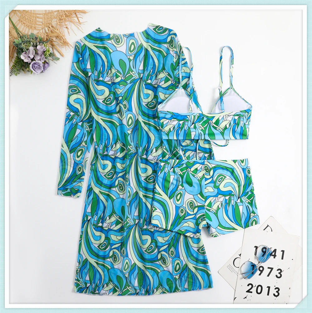 Sexy Printed 3 Piece Bikini Set - High Waist Swimsuit with Cover Up for Women