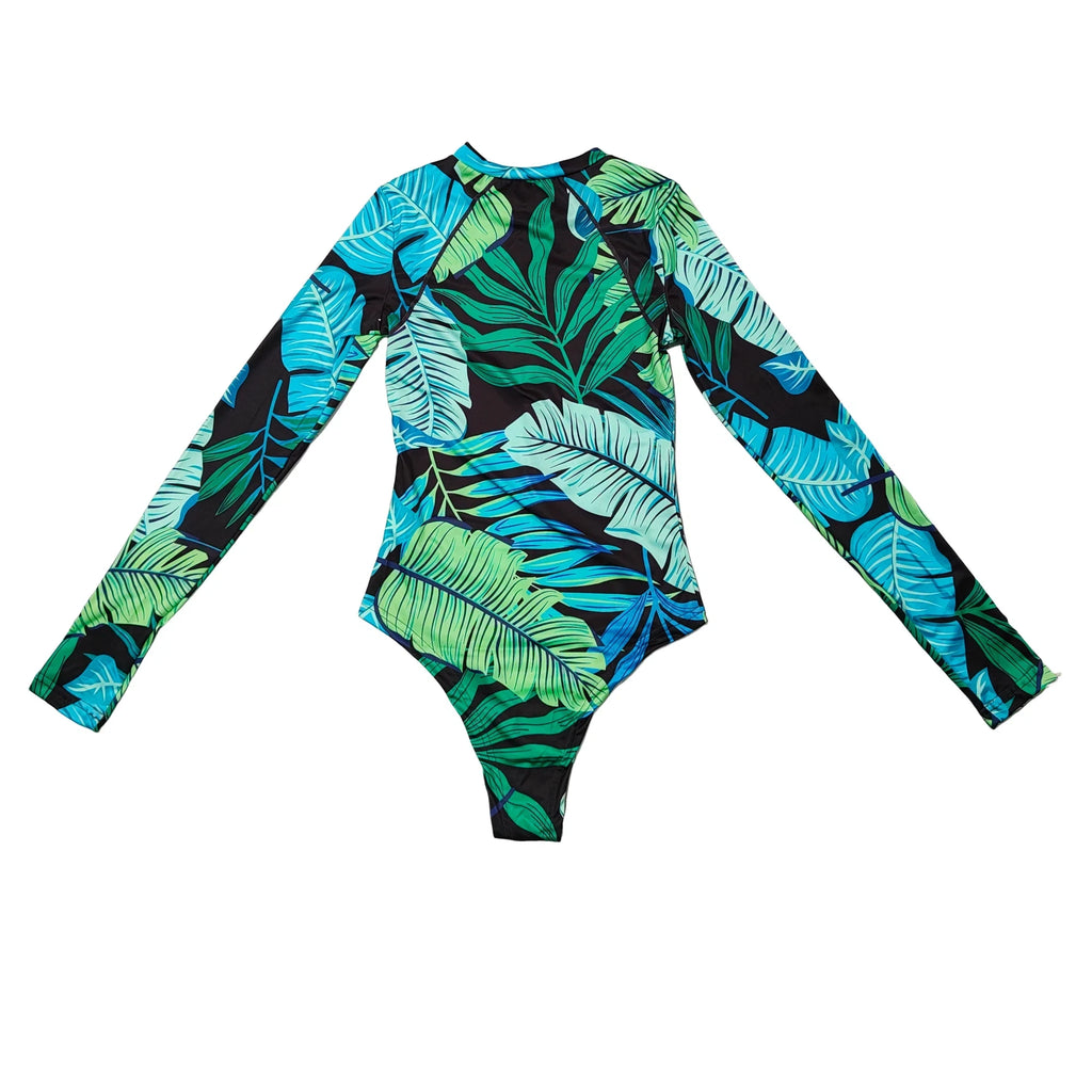 Women's Long Sleeve Tropical Print One Piece Swimsuit | Front Zipper Surf Suit with UV Protection